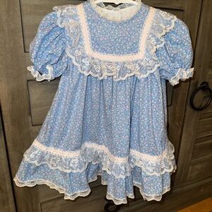 VTG 80s Bryan Blue Floral Lace Ruffle Dress 3T Cottagecore